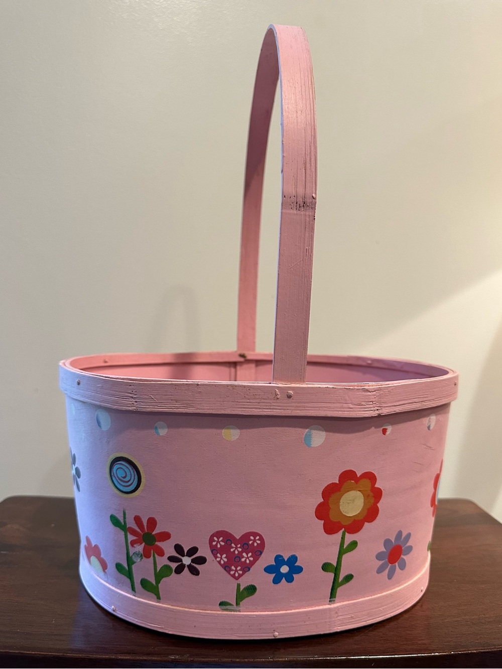 Large • Hand painted wooden basket with handle